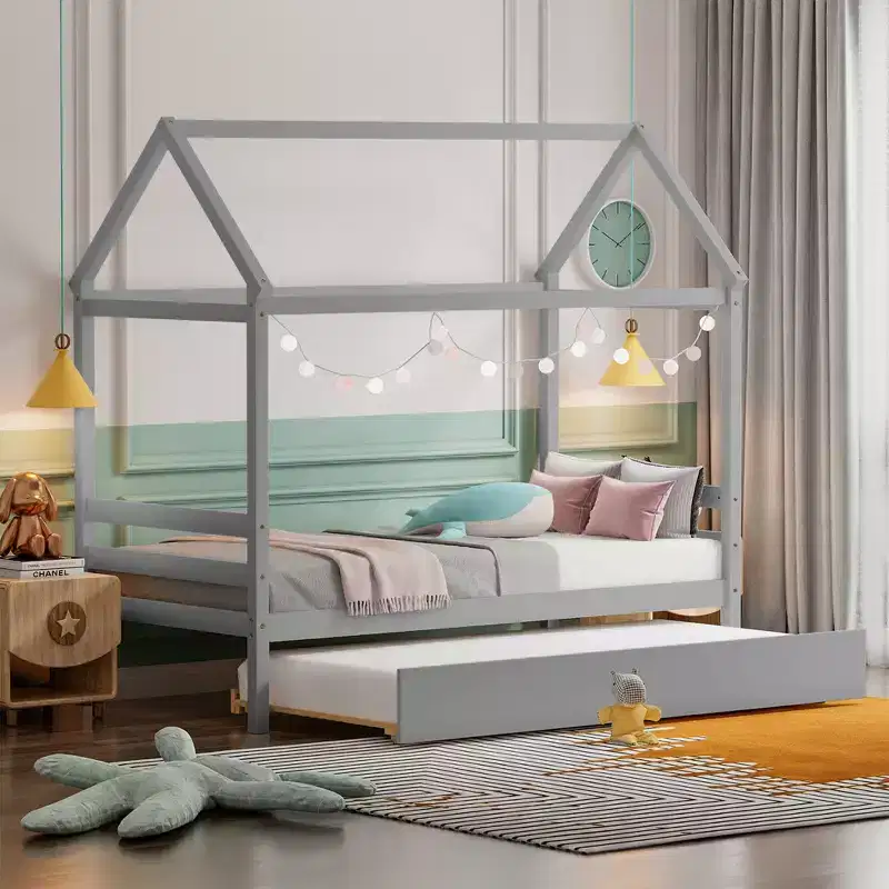 Twin House Bed Frame with Trundle | Wooden Platform Bed for Kids