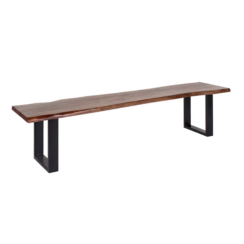 Handmade Live Edge Acacia Wood Dining Bench with Black Iron Base