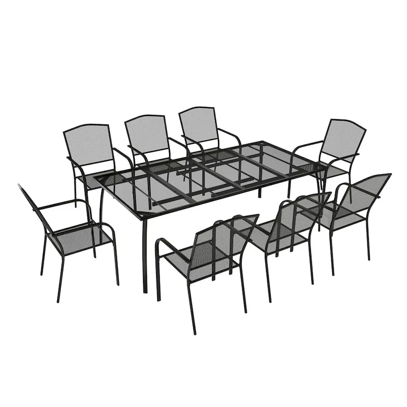 Rectangular iron mesh table with chair (set of 9)