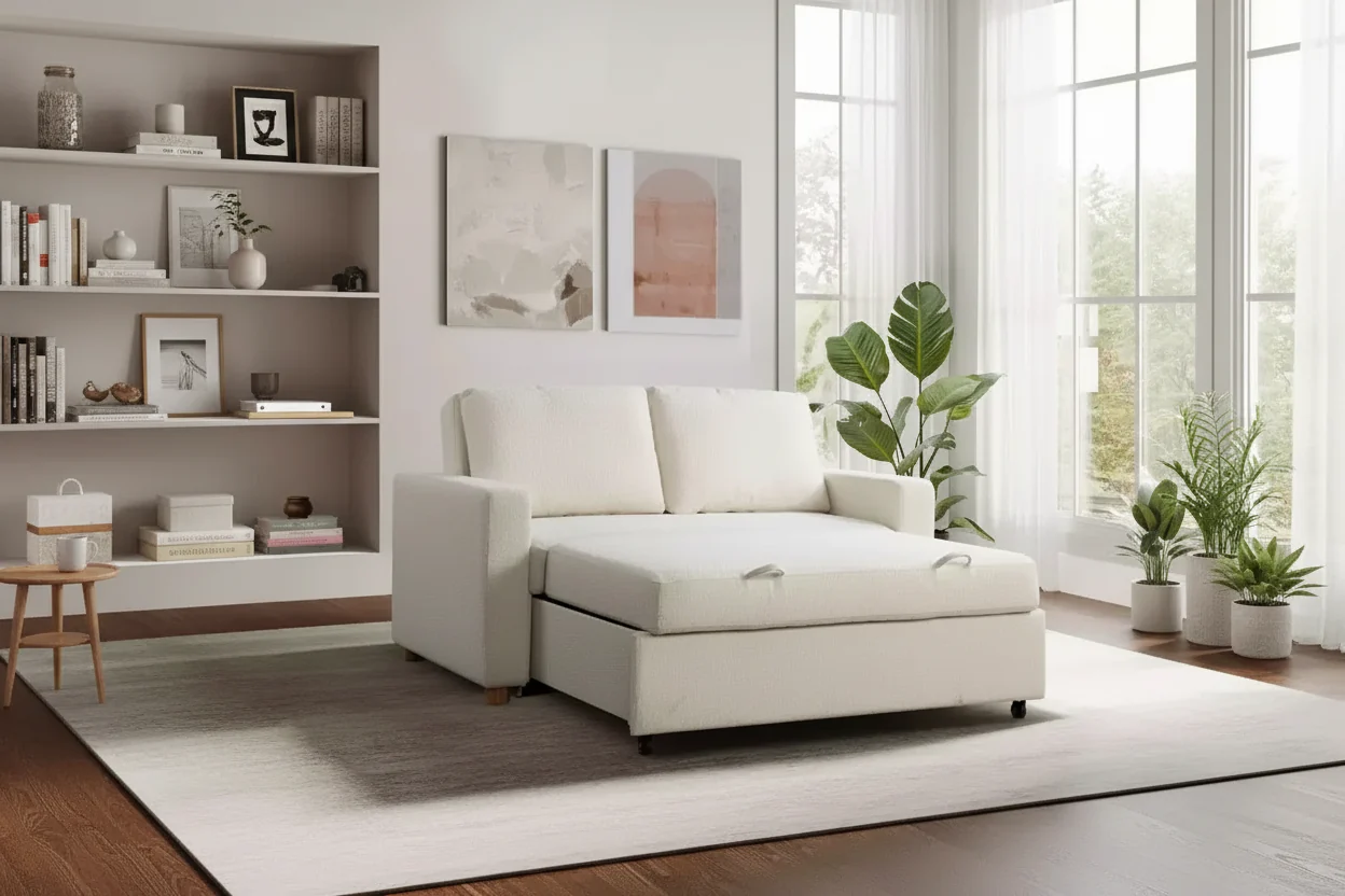 Convertible Sofa – Ivory Boucle, Lounger & Full Bed, Pocket Coils