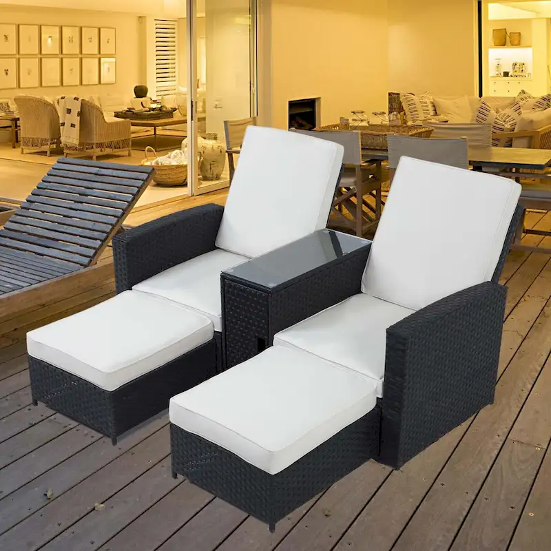 5 Piece Rattan Wicker Outdoor Chaise Lounge Recliner Back Adjustable with white cushions - 83*56