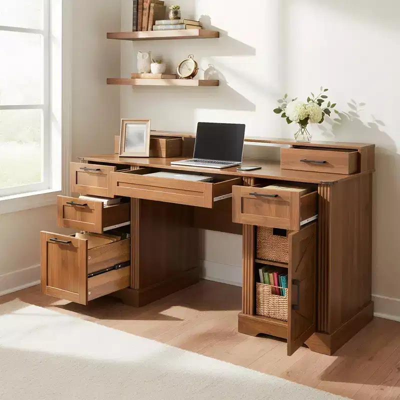59 Executive Desk with 6 Drawers, Wooden Computer Desk with File Drawer & Charging Station, Home Office Desk Conference Table for Home Office